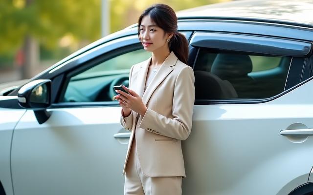 現代的な車に寄りかかる、リラックスした日本人女性。所有することのない自由なカーライフを表現